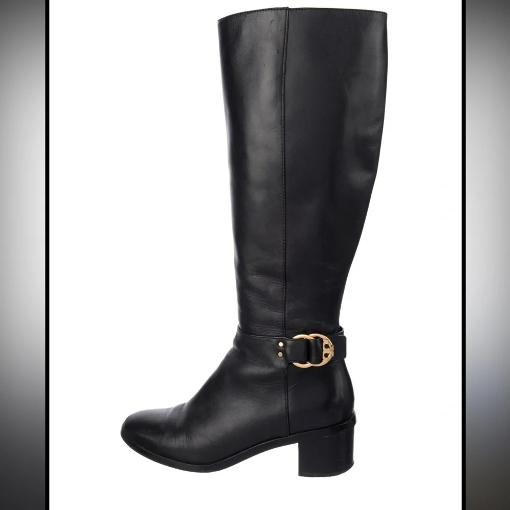 Tory Burch Black Leather Heeled Boots with Gold Accent